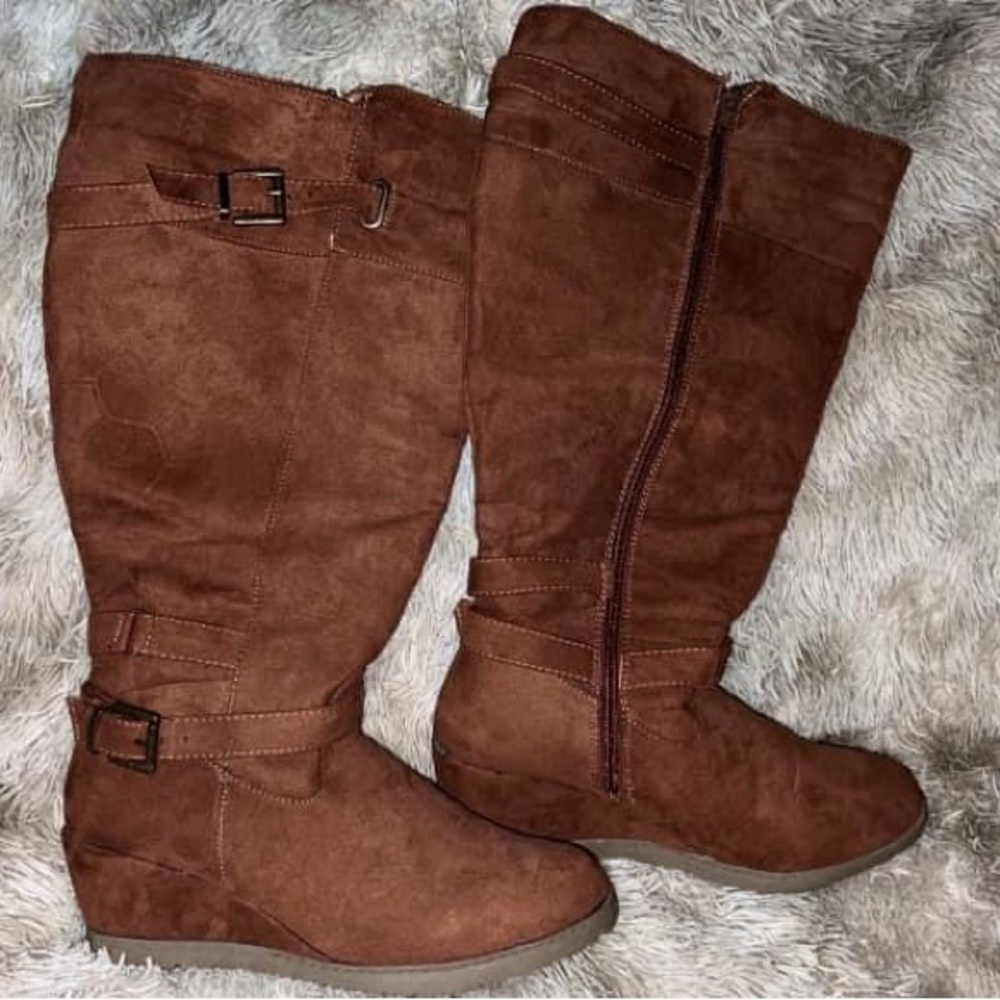 Brown suede wide calf wedge boots